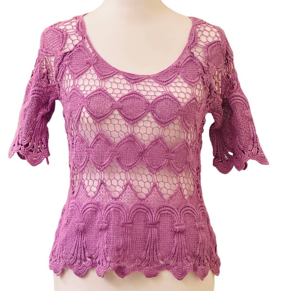 INC International Concepts Petite Crochet Lace Purple Short Sleeve Top Size PS